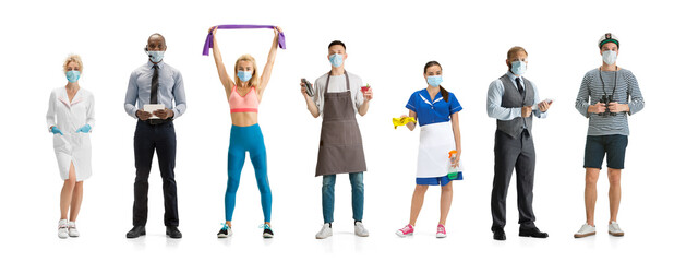 Group of people with different professions isolated on white studio background, horizontal. Modern workers of diverse occupations, male and female models like sailor, cosmetologist, barmen, cleaner