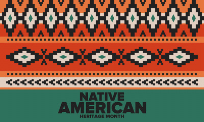 Native American Heritage Month in November. American Indian culture. Celebrate annual in United States. Tradition pattern. Poster, card, banner and background. Vector ornament, illustration