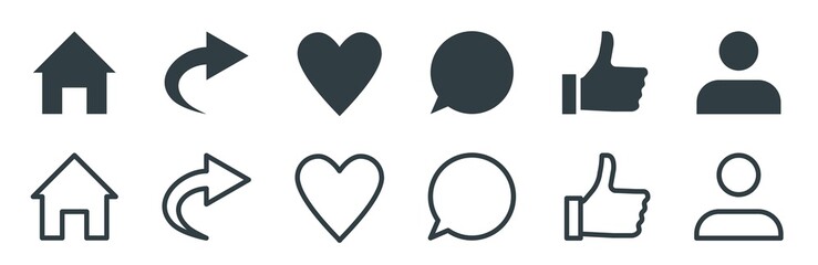 Social media communicating and app menu icons. Vector flat design of share, like, heart, speech bubble thumbs up, profile and home buttons.