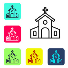 Black line Church building icon isolated on white background. Christian Church. Religion of church. Set icons in color square buttons. Vector.