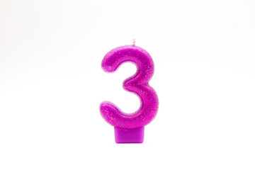 Number three candle. Purple Glitter 3 Birthday Candle