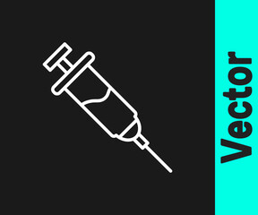 White line Doping syringe icon isolated on black background. Vector.