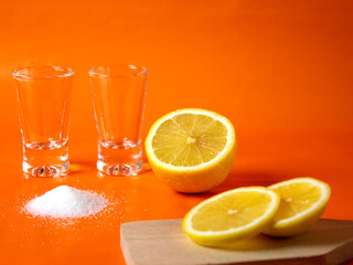 Tequila with lemon and salt as background with place for text