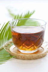 ガラス器の麦茶と蘇鉄の新芽