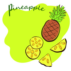 pineapple, doodle, postcard, packaging, banner, green background, vector image