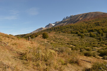 Fototapeta na wymiar Hiking and climbing up to the Cerro Castillo Mountain in the national reserve of Patagonia, Chile
