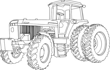Vector drawing of the tractor. The drawing is inspired by a real machine. All lines in the drawing can be edited. The background is blank.