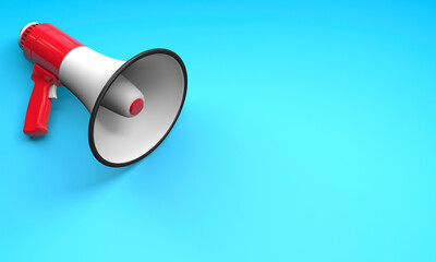 Red megaphone loudspeaker on a blue background. Copy space for text. 3d render