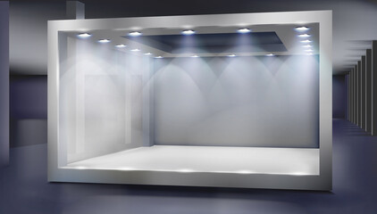 Empty shop window in a shopping mall. Show room. Place for the exhibition or product display. Vector illustration.