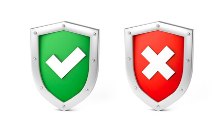 Set, green shield with check mark and red with cross. Concept is approved or rejected. isolated on white background. 3d render