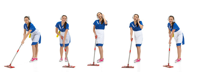 Fototapeta na wymiar Portrait of female made, housemaid, cleaning worker in white and blue uniform isolated over white background. Copyspace for ad. Concept of professional occupation, job, emotions. Collage, artwork