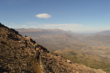 Fototapeta premium Hiking and climbing up to the Cerro Castillo Mountain in the national reserve of Patagonia, Chile