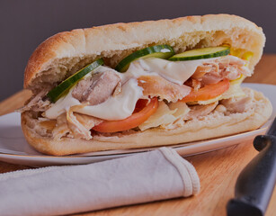 Panini roll filled with chicken and salad.