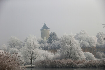 The Ziegeleipark in Heilbronn with the Water Tower in the Background, Heilbronn, Germany