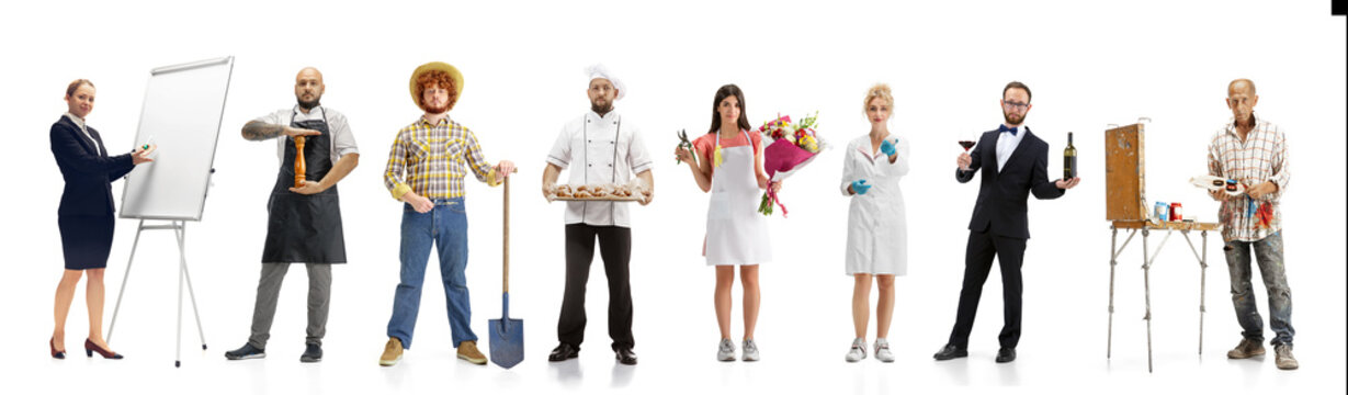Group of people with different professions isolated on white studio background, horizontal. Modern workers of diverse occupations, male and female models like florist, butcher, waiter, farmer, baker