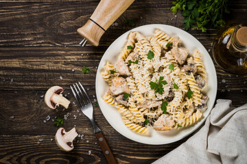 Pasta with Chicken and mushrooms In cream sauce.