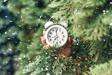 Woman holding out alarm clock in green fir tree branches in the forest at winter snow. Christmas gift concept. Hurry up, shopping, delivery, sale