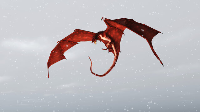 Red Dragon Attacking in the Snow, 3d digitally rendered illustration