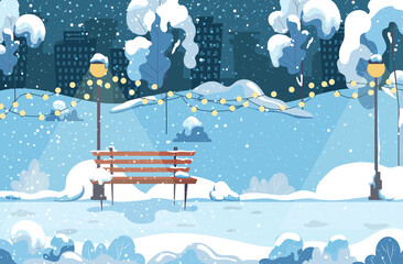Winter park with bench, trees, lanterns and a garland at night. City landscape. Cartoon vector illustration of natural background for poster, banner, card, brochure or cover.