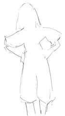 pencil sketch of a woman stands with her hands at her hips. abstract unapproving person portrait isolated on white background.
