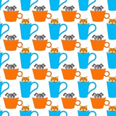 
Seamless pattern with cute smiling animals dog, cat in pastel cups on a white background. Vintage prints in flat style for interior. Stock vector illustration for decor and design, fabric.
