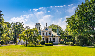 Panoramic view of historic manor house and museum of Henryk Sienkiewicz, polish novelist and journalist, Nobel Prize winner, in Oblegorek in Poland - obrazy, fototapety, plakaty