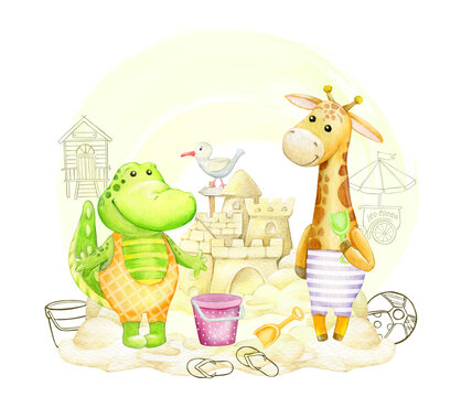 Crocodile, giraffe, on the beach building a sand castle. Watercolor concept, on an isolated background, for children's invitations and postcards.