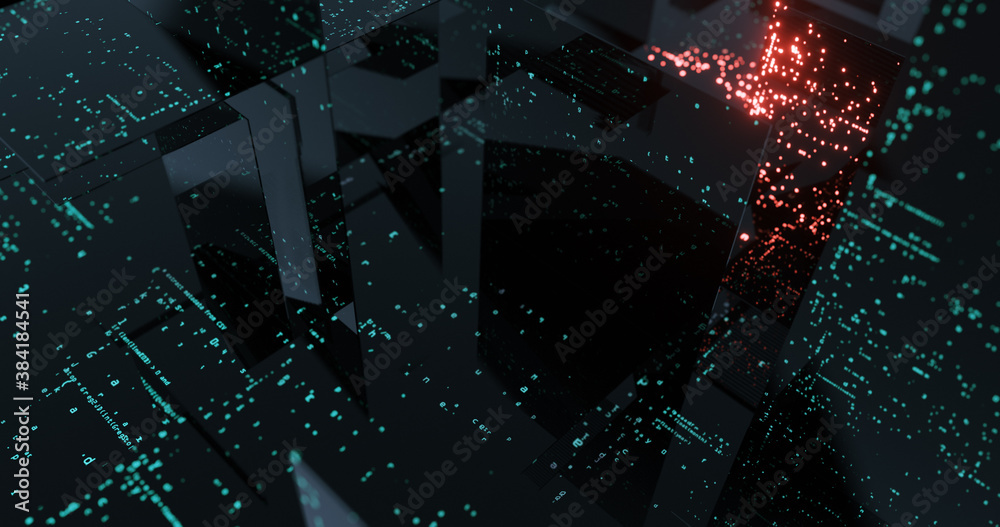 Poster source code on many monitor screens. futuristic technology neon abstract motion background with glow