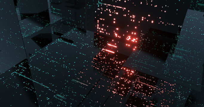 Reflective screen with programming language code running. System engineering, concept of modern games or apps creation. encoding data and processing code. 3D render