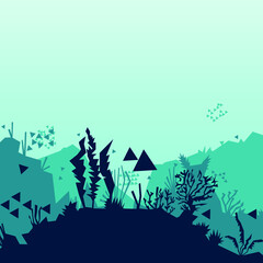 pixelated underwater world. Algae and fish. Open world. Vector