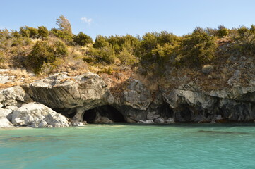 The mystical rock formations Catedrales de Marmol in General Carrera Lake in Patagonia between CHile and Argentina