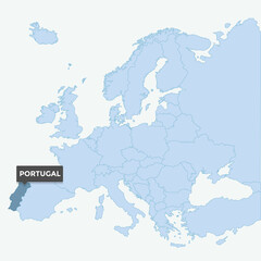 Europe map with the identication of Portugal. Map of Portugal. Location, information design. Vector stock