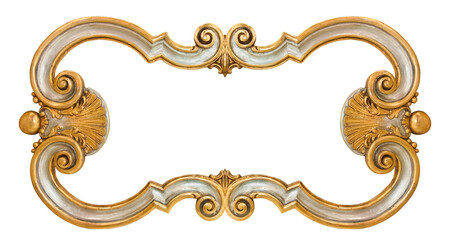 Old italian wooden carved frame with golden floral decorations on white background for easy selection