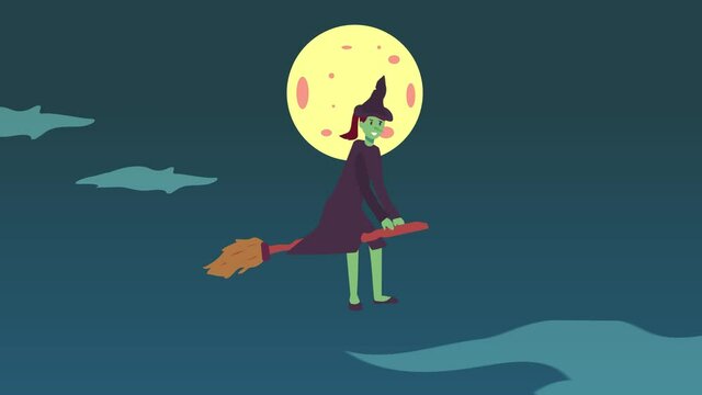 Spooky witch flying with broomstick on night sky