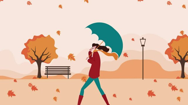 Woman hold umbrella and enjoy coffee at autumn park