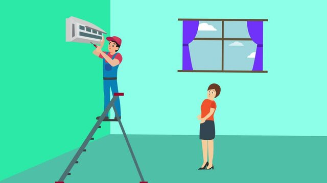 Woman look at technician repairing air conditioner