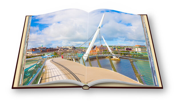 Urban skyline of Derry city (also called Londonderry) in northern Ireland with the famous "Peace Bridge" (Europe - Northern Ireland) - 3D render concept image of an opened photo book