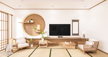 the circle wall design room Japanese - zen style,minimal designs. 3D rendering