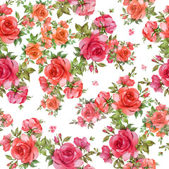 Seamless beautiful pattern of painted roses with foliage
