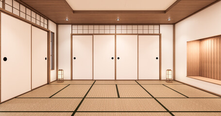Empty yoga room inteior with tatami mat floor.3D rendering