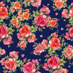 Seamless beautiful pattern of painted roses with foliage