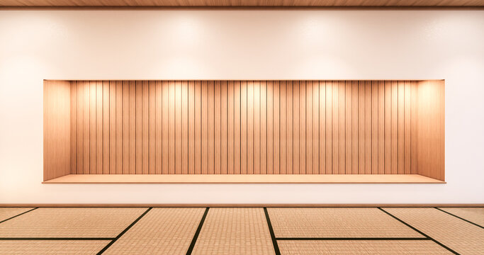 cabinet shelf wall on tatami mat floor room japanese style. 3D rendering