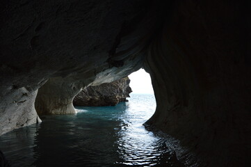 The Catedrales de Marmol rock formations in the General Carrera Lake outside of Chile Chico bordering between Argentina and Chile in Patagonia
