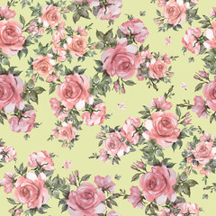 Obraz na płótnie Canvas Seamless beautiful pattern of painted roses with foliage