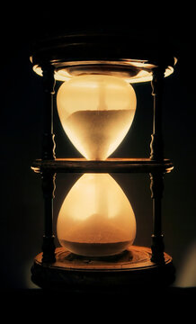 Sand falling from the top half of a magnificent hourglass (an ancient device for the measurement of time). Backlit vertical shot, green and yellow color tones.
