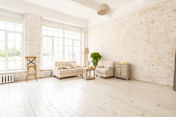 Large spacious room with a trendy loft design of sitting area. huge windows and stylish wicker light furniture inside. an abundance of ethnic decor