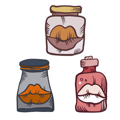 Isolated colorful vector design set of ornamental lips in test tubes