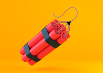 Bundle of red dynamite sticks, TNT with wick on yellow background. Explosive supplies. Creative minimal concept. 3D rendering illustration