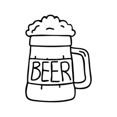 Beer mug icon. Black contour silhouette. Cute sketch drawing. Vector flat graphic hand drawn illustration. The isolated object on a white background. Isolate.