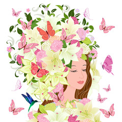 portrait of fashion girl with flowering hairstyle of lilies and